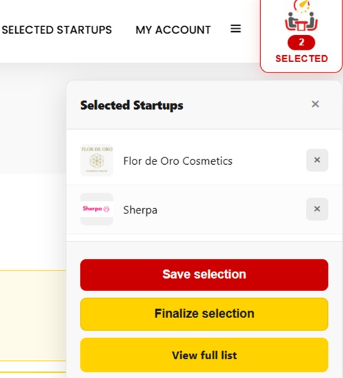 Selected startups popup